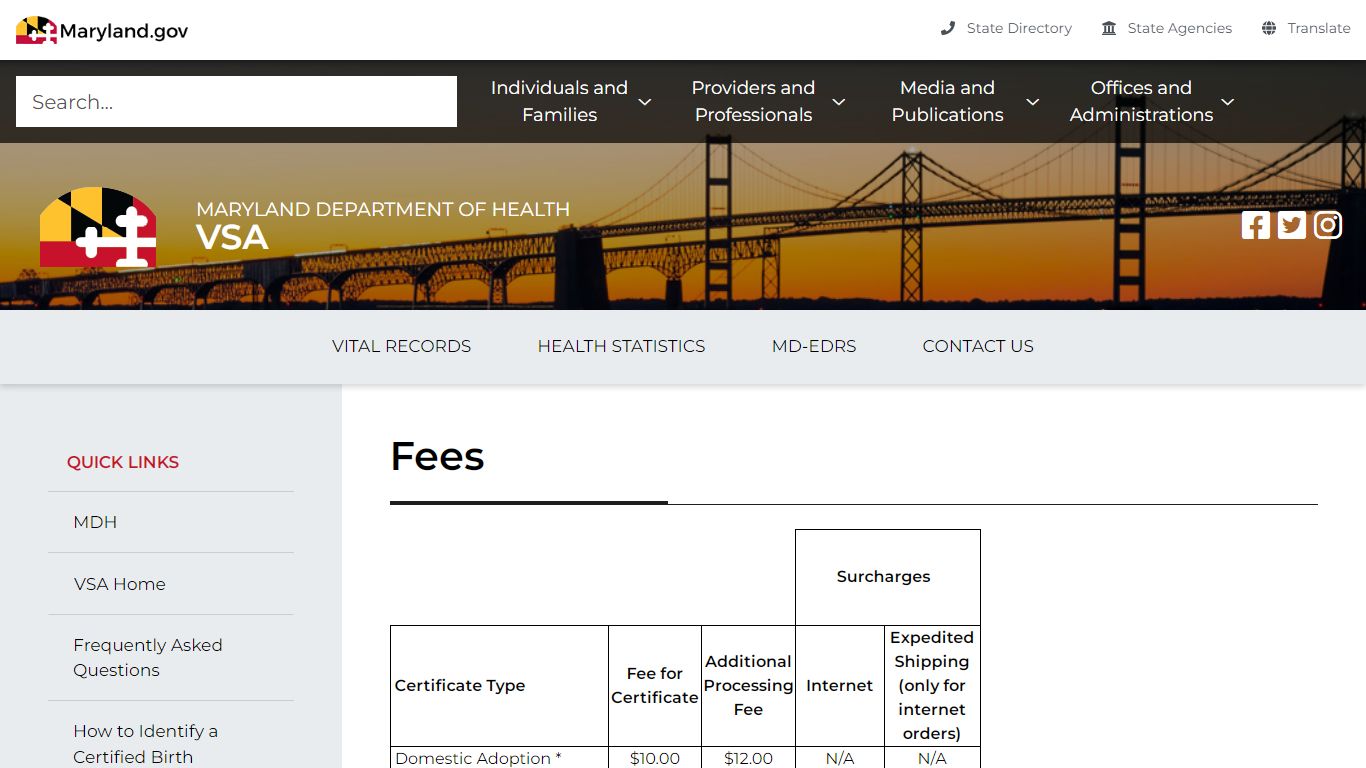 Maryland Department of Health fees